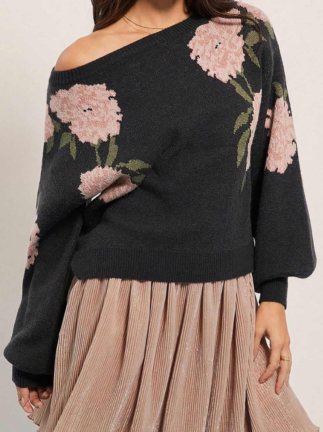charcoal pullover sweater with floral and off-shoulder