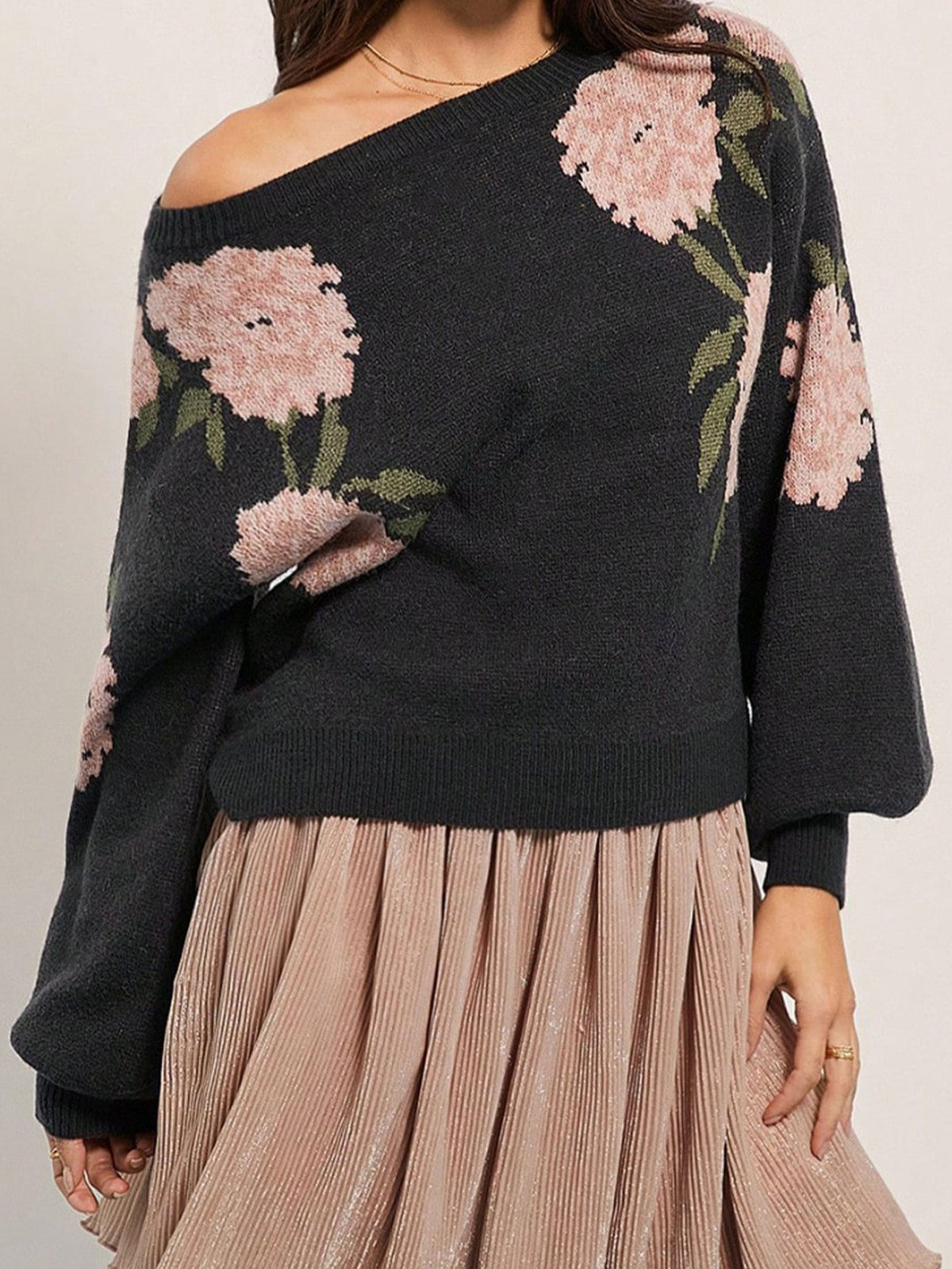 charcoal pullover sweater with floral and off-shoulder