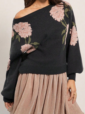 charcoal pullover sweater with floral and off-shoulder