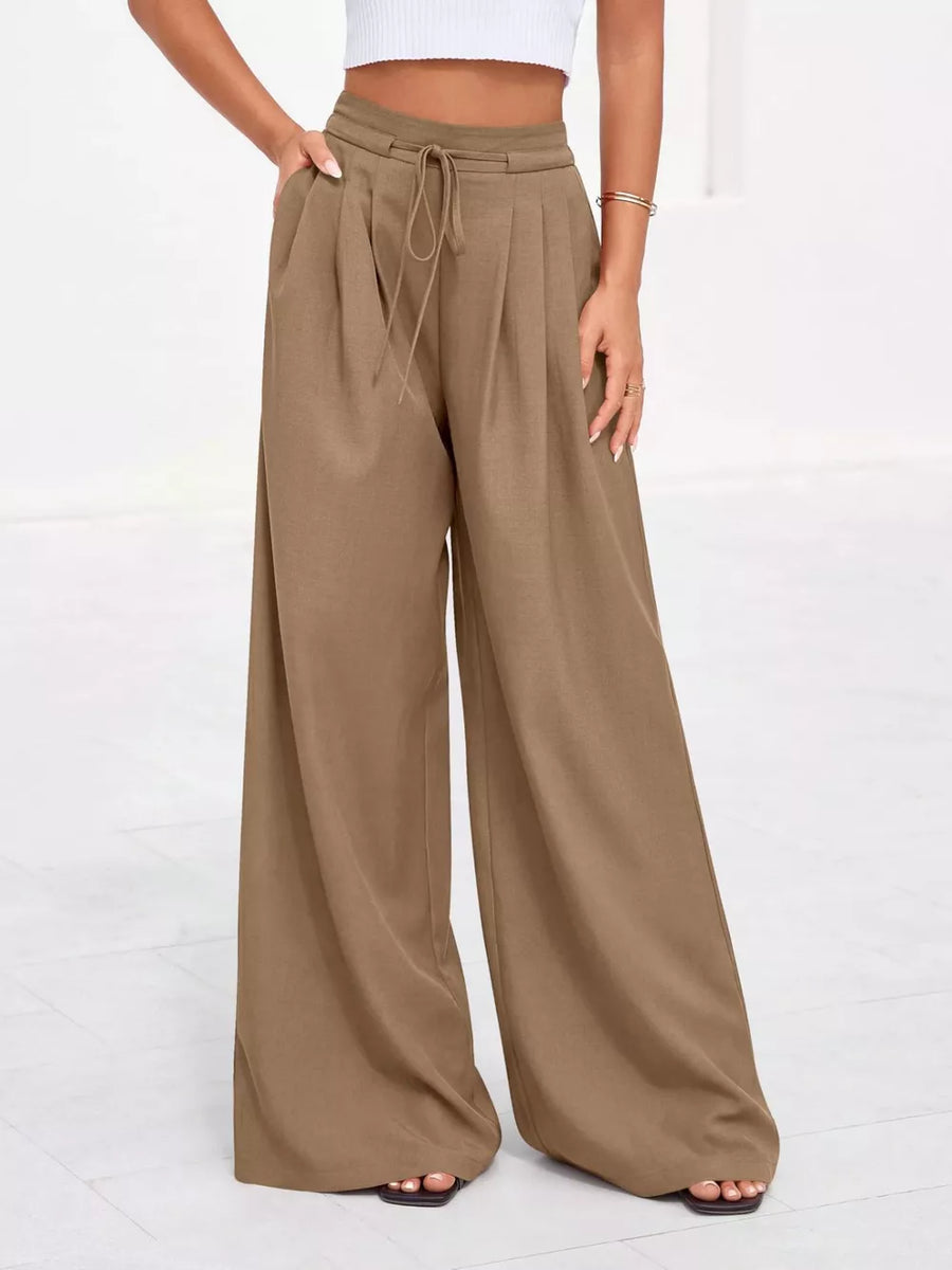 Camel high-waisted pleated wide-leg pants with drawstring and pockets