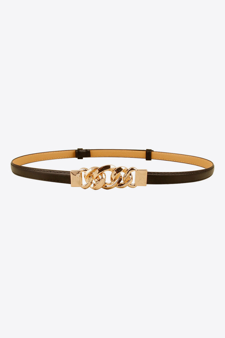 Black leather belt with adjustable strap and gold chain link buckle detail