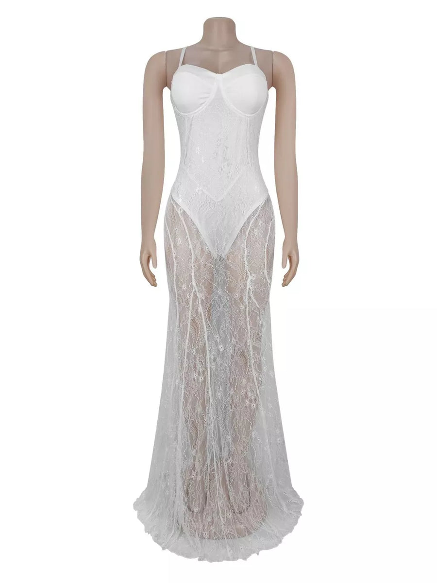 maxi dress featuring lace in White with 100% polyester Care instructions: Machine wash cold texture