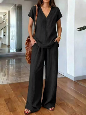 Black Full Size V-neck Short Sleeve Top And Pants Set