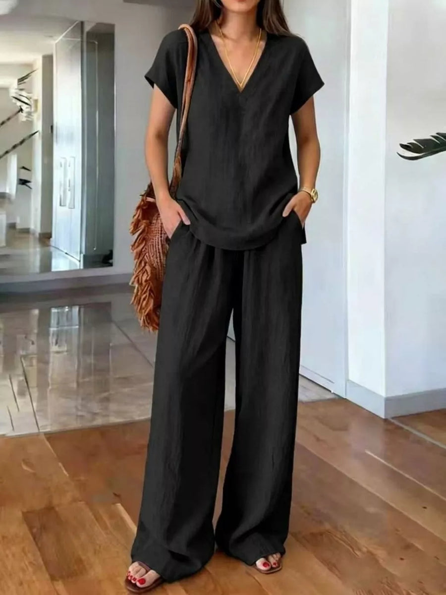 Black Full Size V-neck Short Sleeve Top And Pants Set