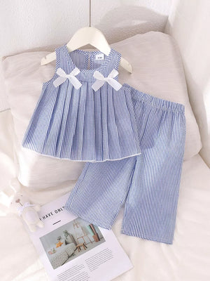 Blue Children's Striped Sleeveless Top And Pants Set