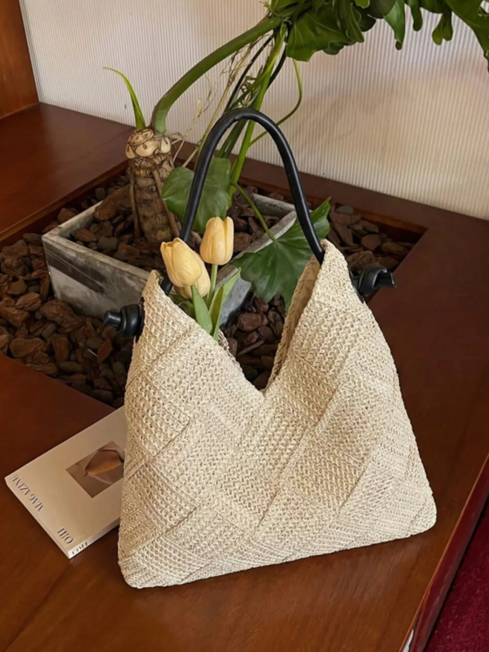 Woven Straw Shoulder Bag in Cream White