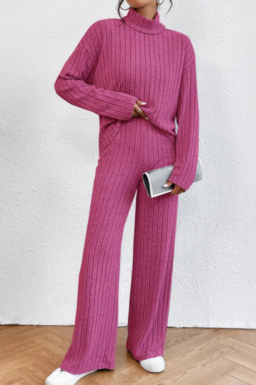 Hot Pink ribbed knit turtleneck loungewear set with wide leg pants and long sleeves.