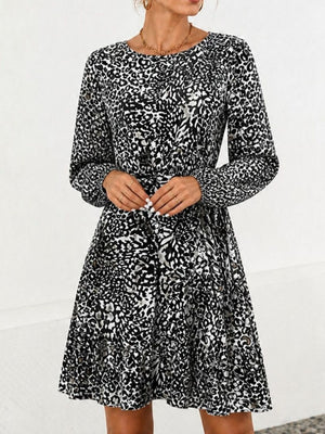 black mini dress with leopard-print and round neck
