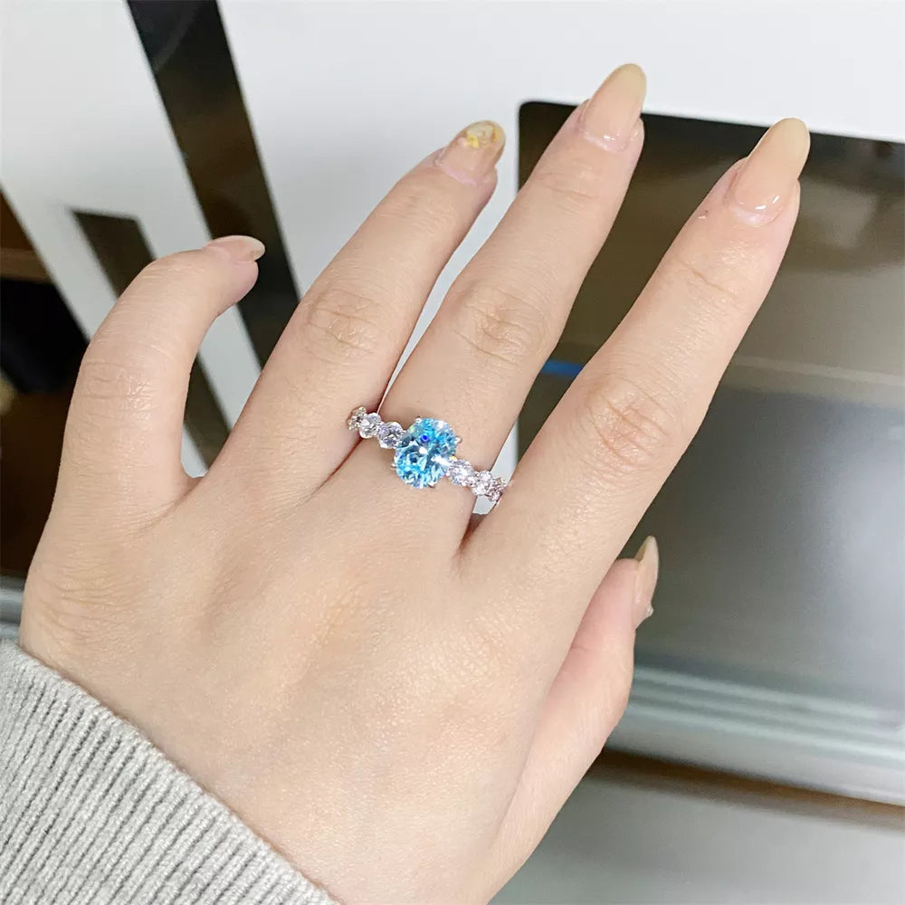 925 Sterling Silver Oval Ring With Diamonds in sky blue with oval cut stone