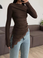 92% polyester, 8% elastane Care instructions: Machine wash cold one-shoulder top in dark brown with fitted silhouette