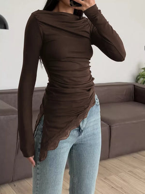 92% polyester, 8% elastane Care instructions: Machine wash cold one-shoulder top in dark brown with fitted silhouette