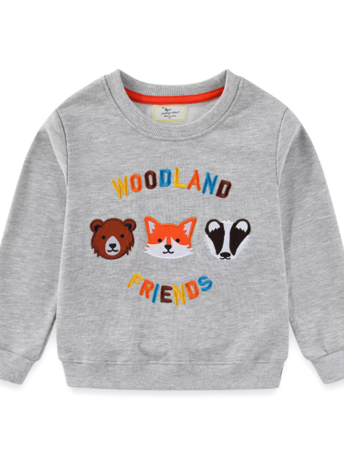 Gray baby sweatshirt with embroidered woodland animals and text.