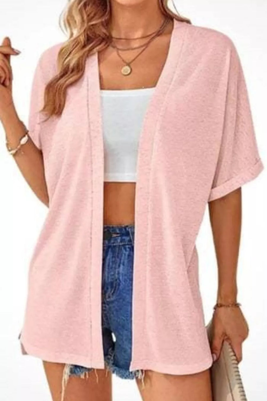 Blush Pink cardigan with hip-length and open-front