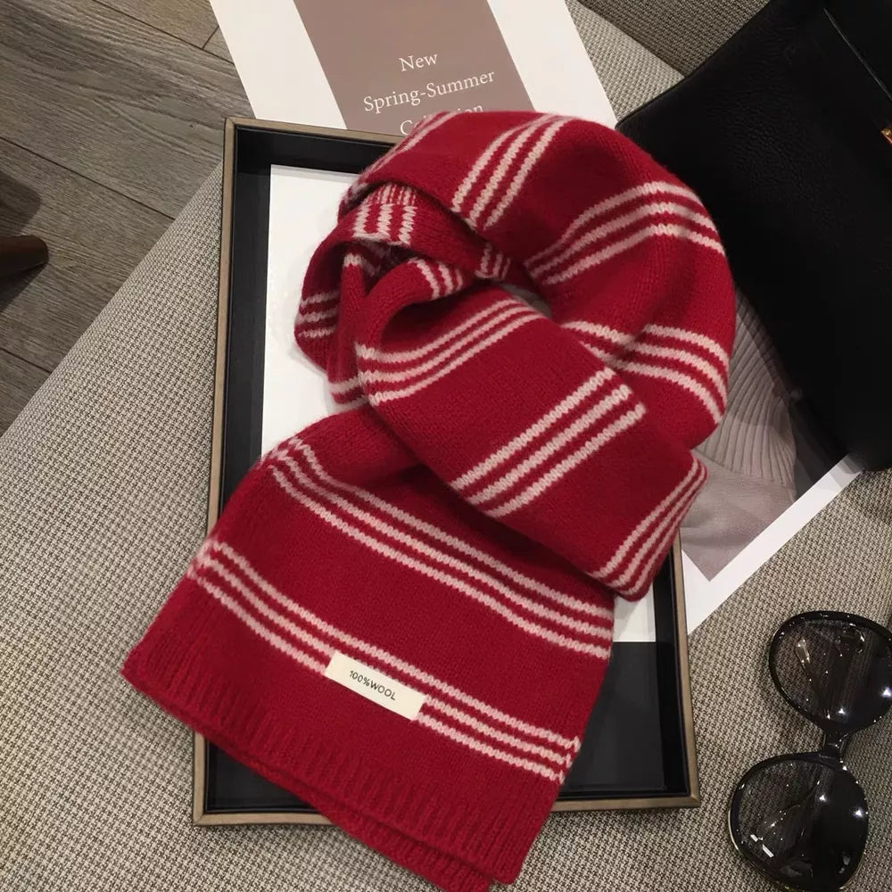 Red and white striped wool knit scarf with 100% WOOL tag