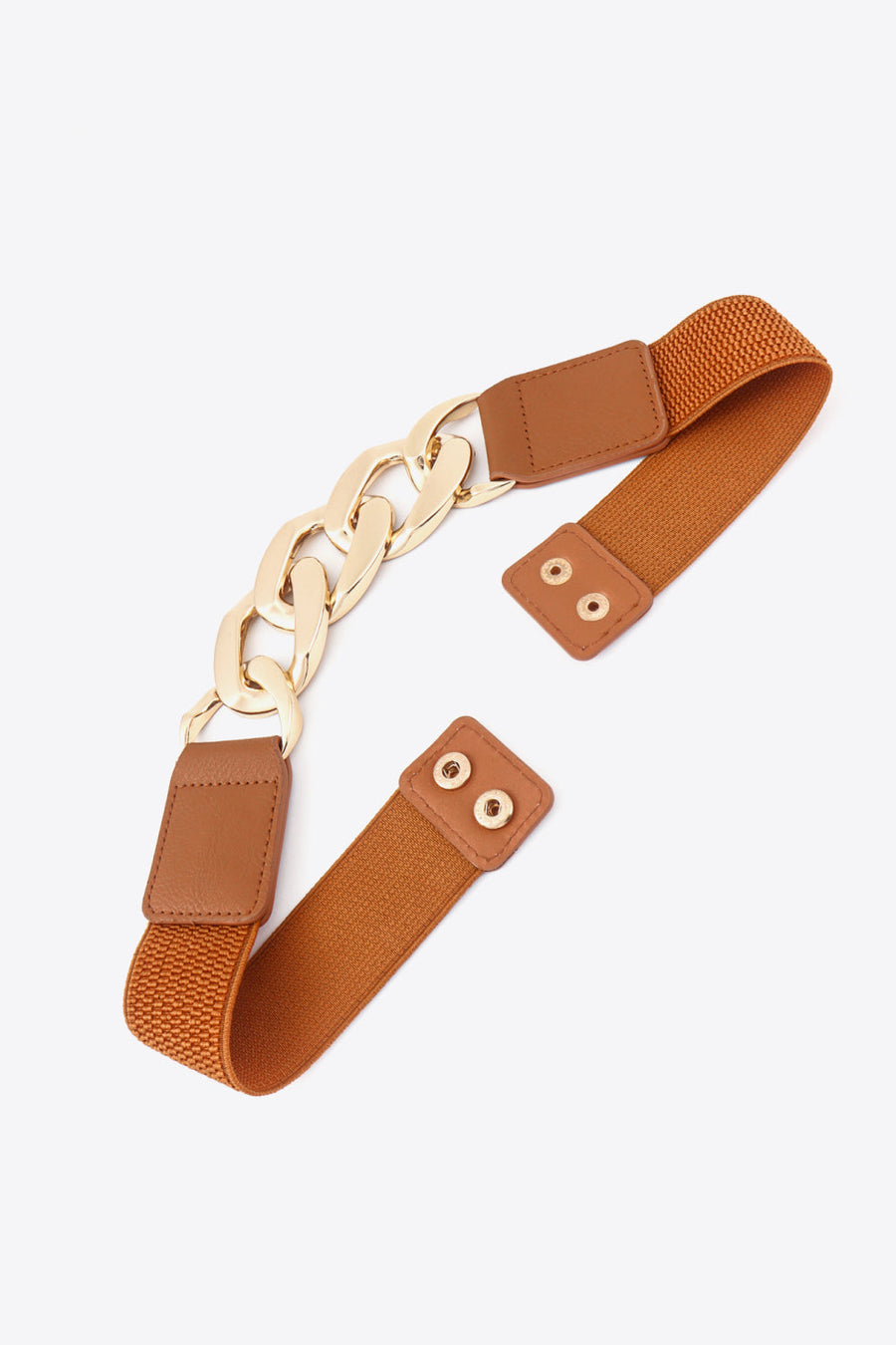 Ochre and gold chunky chain elastic belt with brown faux leather accents