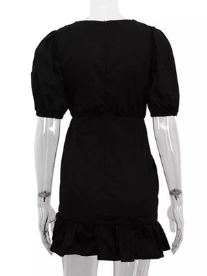 Black puff sleeve mini dress with ruffled hem