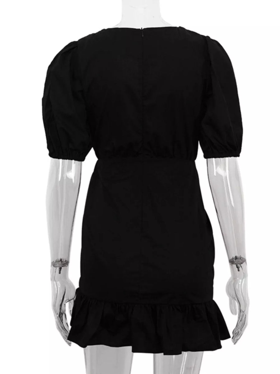 Black puff sleeve mini dress with ruffled hem