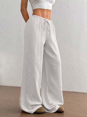 Pink Wide-leg Drawstring Cotton Pants