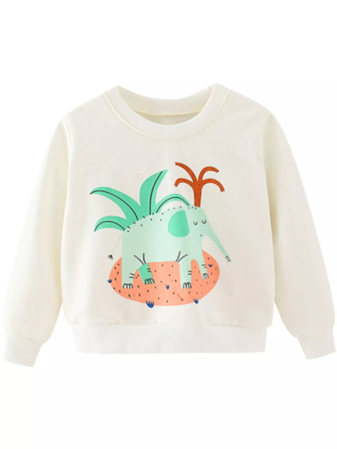 Children's cream crew neck sweatshirt with a cute elephant and palm tree graphic.