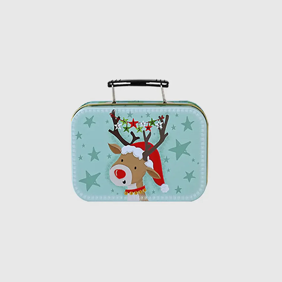 Festive illustrated suitcase tin box with reindeer and stars, perfect for Christmas gifts.