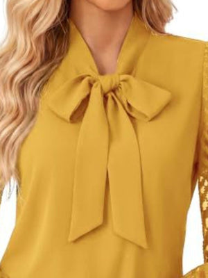 Bow-Tie Blouse With Sheer Chevron Sleeves in Apricot Color