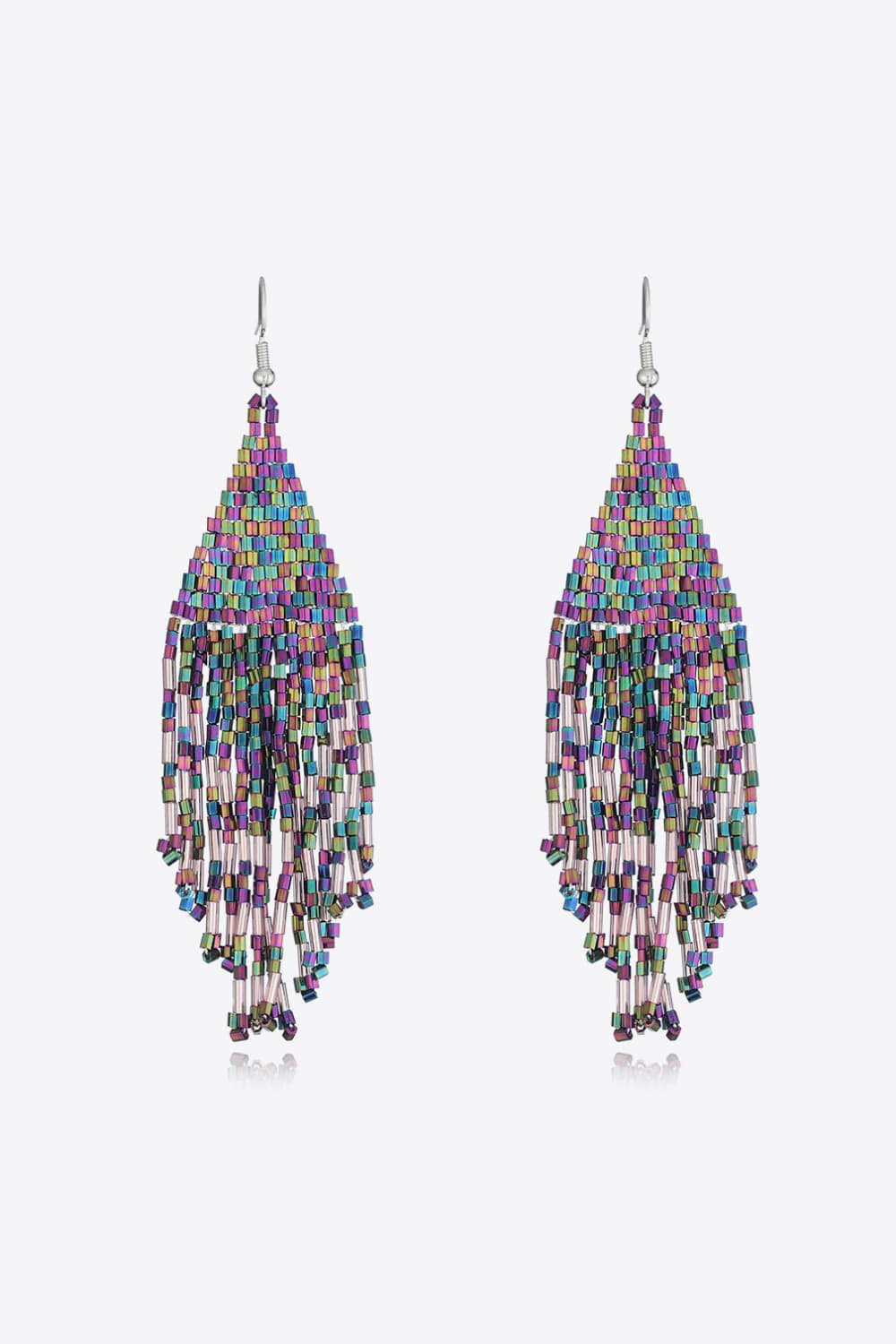 Prismatic beaded fringe earrings with multicolor beads and long dangling strands.