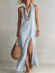 Red Full Size Striped Maxi Dress With High Slit