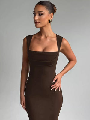 Brown bodycon maxi dress with square neckline and sleeveless cut.