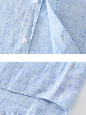 light blue button-up shirt with hip-length and button-front