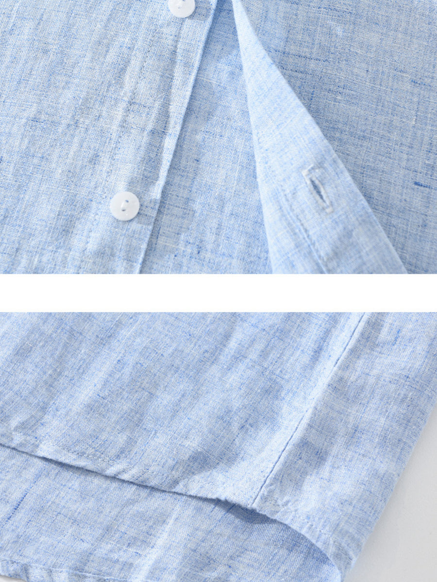 light blue button-up shirt with hip-length and button-front