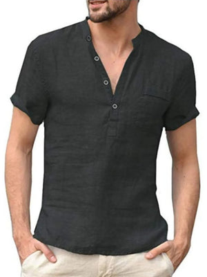 Black linen henley shirt with short sleeves and button placket.