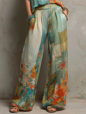 olive green blouse and wide-leg pants set with full-length and pullover