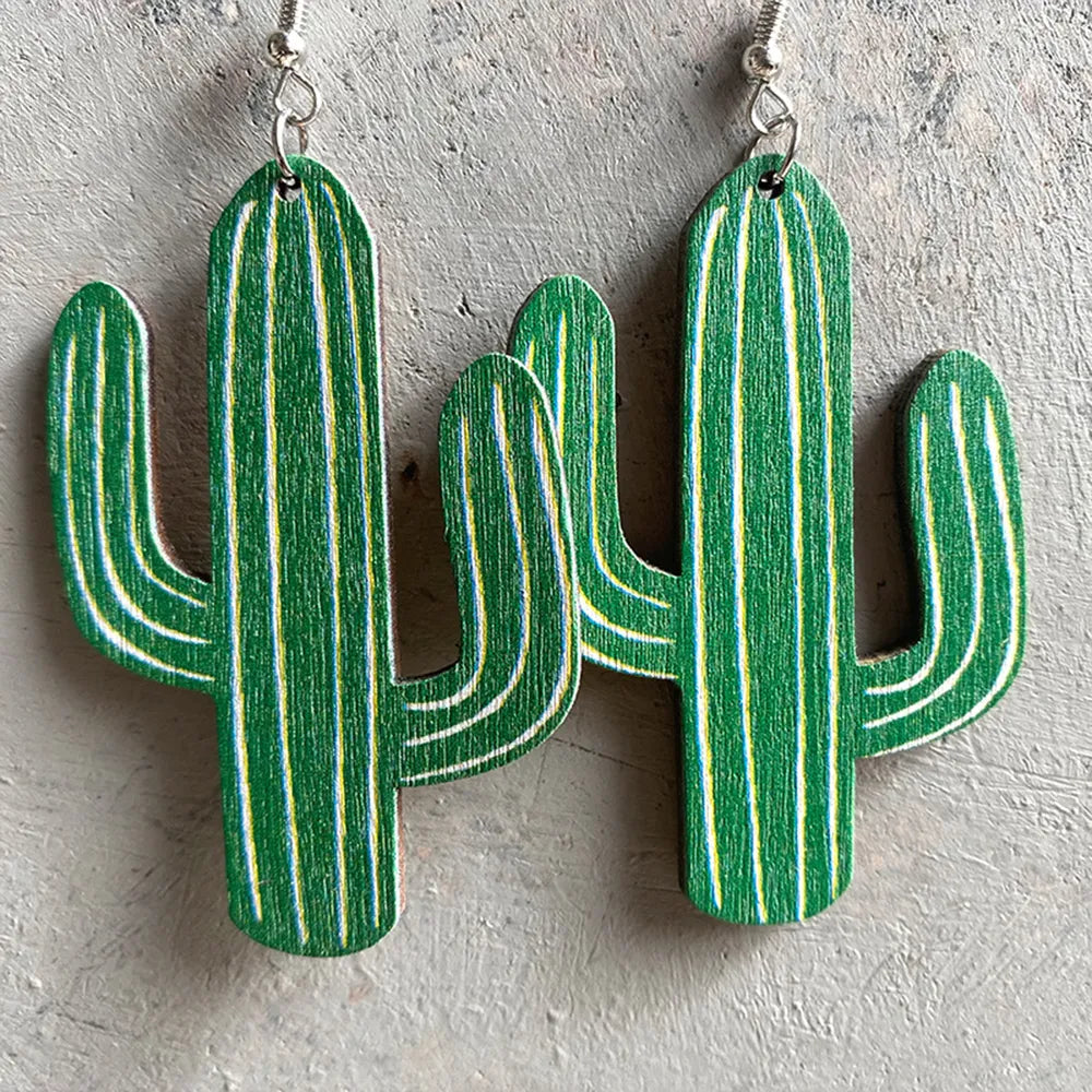 Green cactus silhouette drop earrings with white and yellow striped detail.