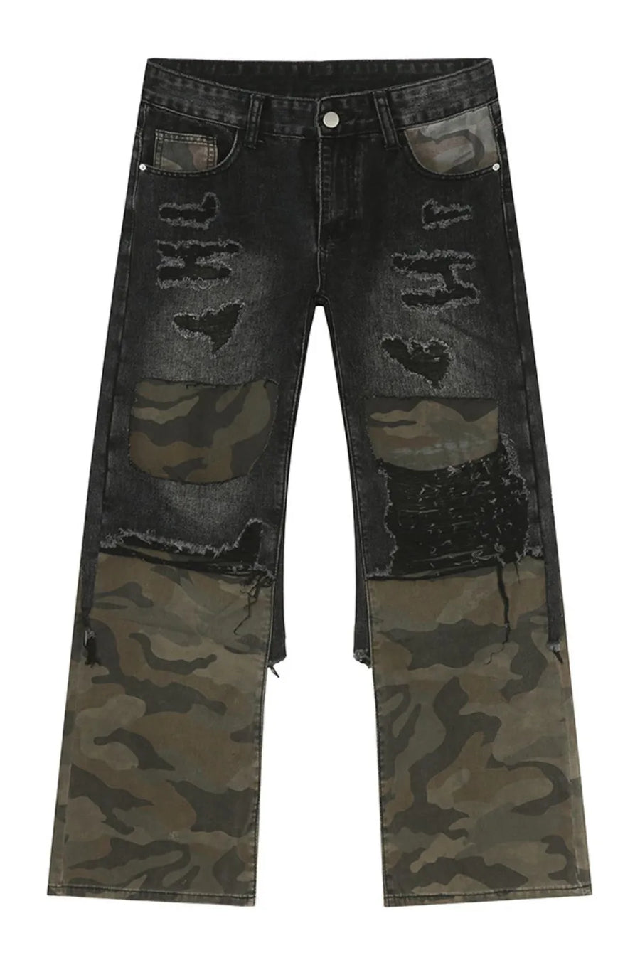 Camouflage panel distressed wide-leg jeans in dark wash denim with camo patches and rips.