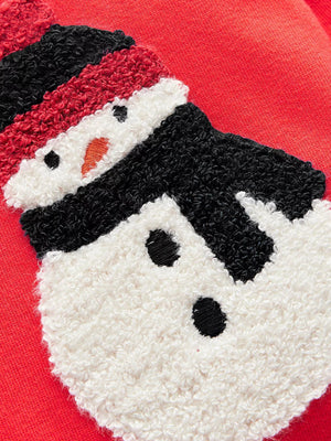 Red crew neck sweatshirt with embroidered snowman detail