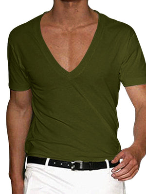 Military green cotton blend slim fit tee with deep V-neck