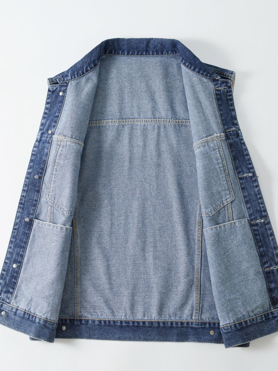 Men's vintage washed denim vest with button front and chest pockets.