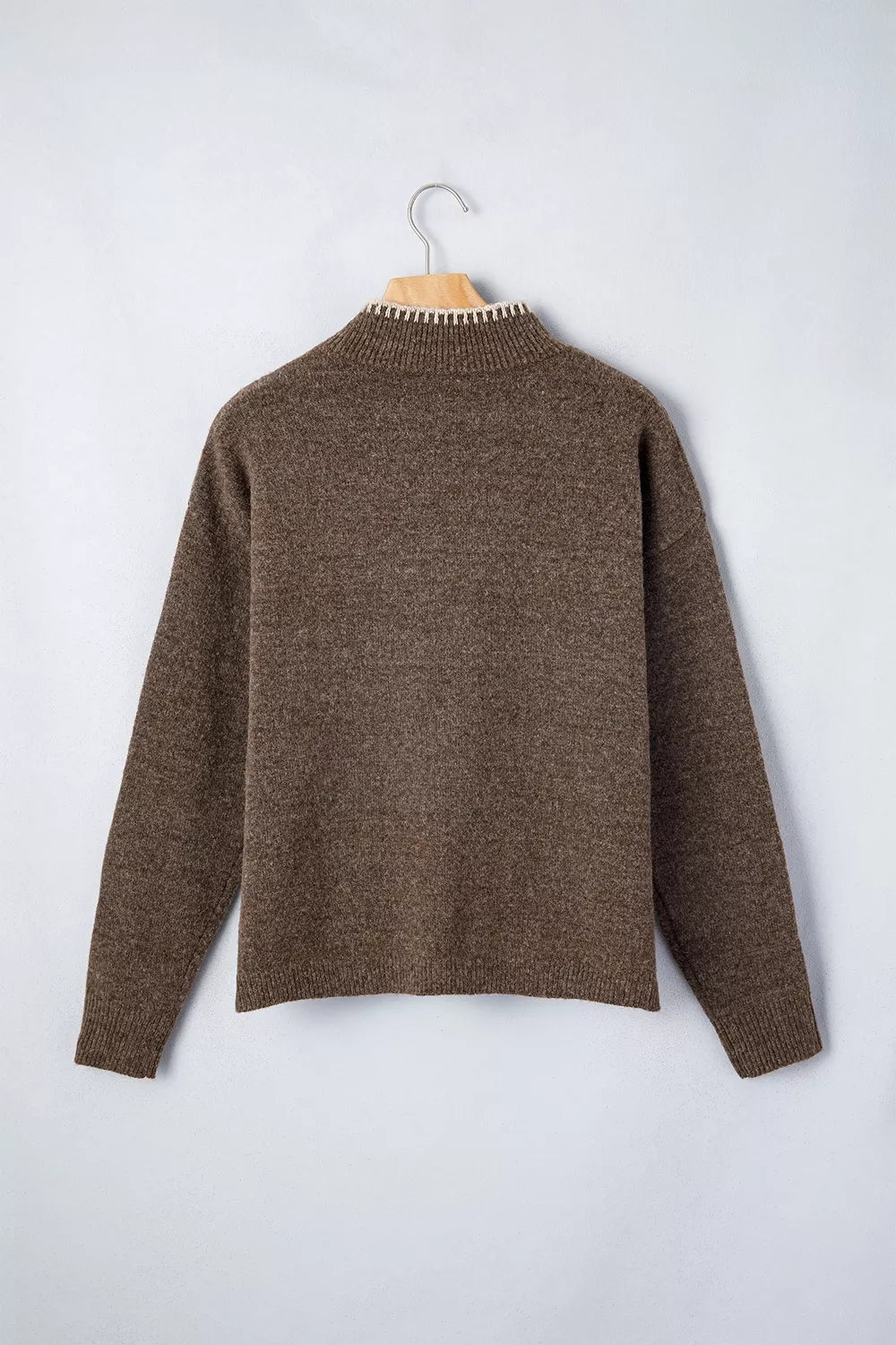 mock neck sweater in Coffee Brown with floral and ribbed mock neck