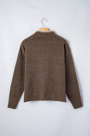 mock neck sweater in Coffee Brown with floral and ribbed mock neck