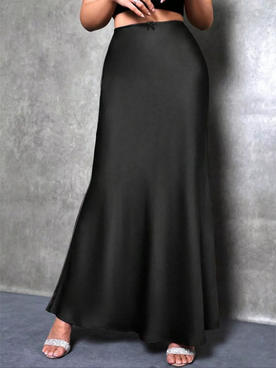Black satin maxi skirt with high waist and bow detail