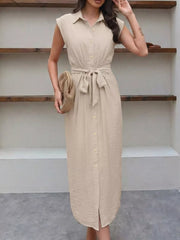 Elegant midi shirt dress in beige with button-down front and tie-waist detail.