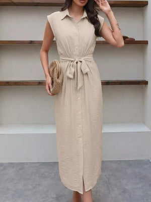 Elegant midi shirt dress in beige with button-down front and tie-waist detail.