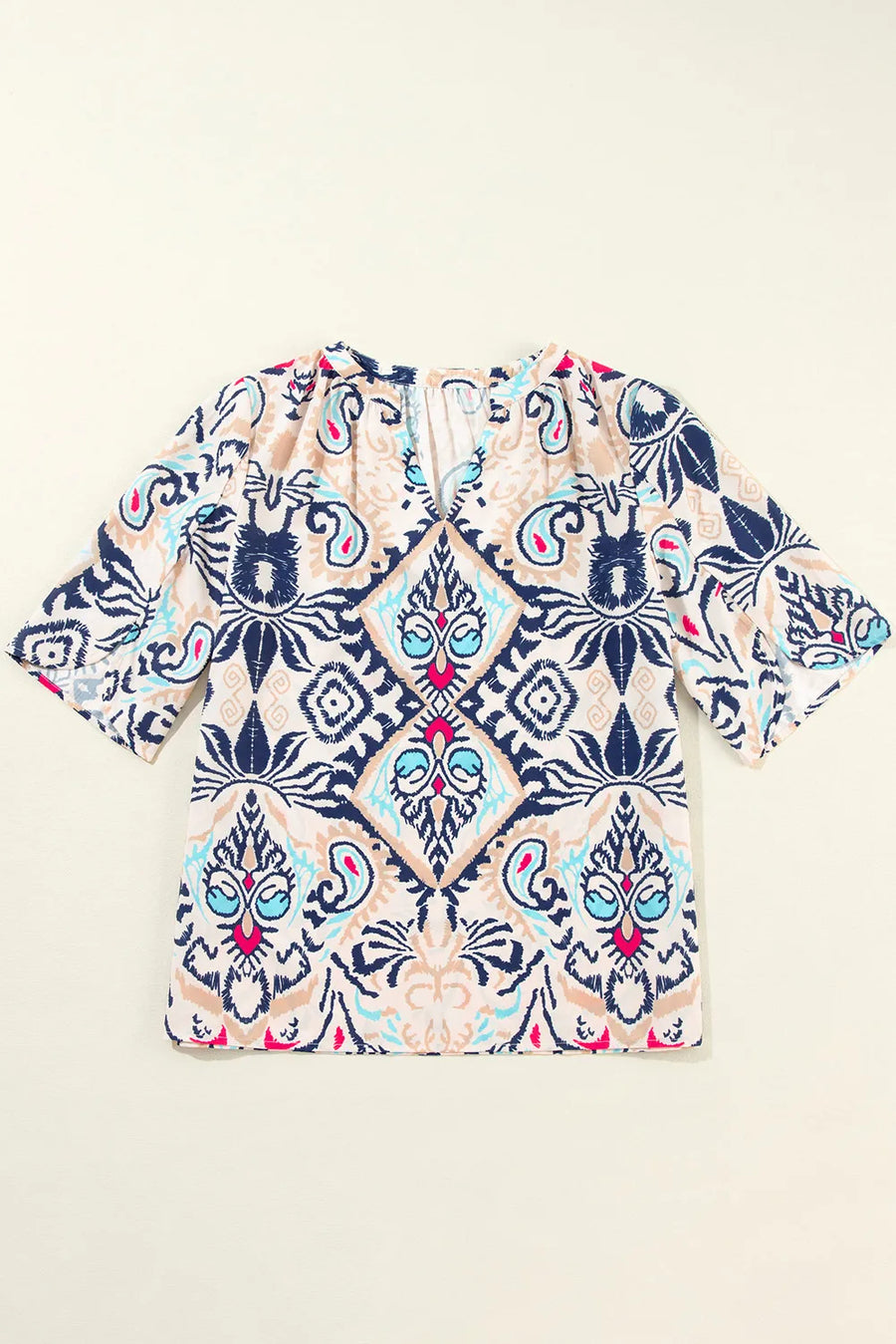Paisley print ivory blouse with slit sleeves and V-neck