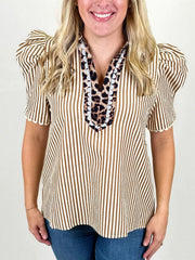 Brown and white striped cotton blouse with leopard print collar and puff sleeves.