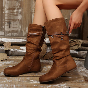 boots in camel with slouchy shaft and mid-calf