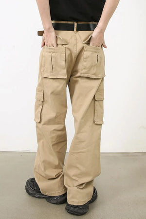 Khaki wide-leg cargo pants with multiple utility pockets and a relaxed fit.