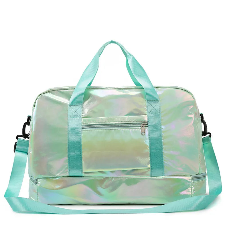 Iridescent duffel bag in Colorful with separate compartment and teal straps.