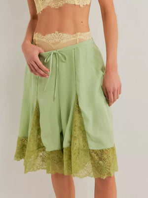 Deep Red Lace Trimmed Relaxed Fit Shorts