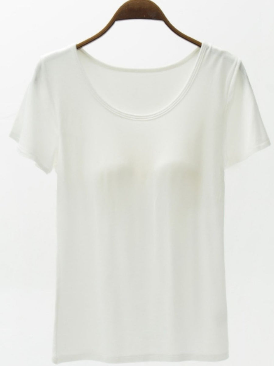 White scoop neck tee with built-in bra detail