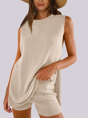 Textured knit tank and short set in Dark Blue with slit sides.